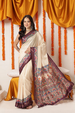 Beige Madhubani Printed Art Silk Saree (SZ-DGTANVI-3300)