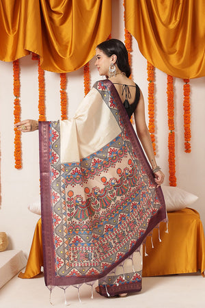 Beige Madhubani Printed Art Silk Saree (SZ-DGTANVI-3300)