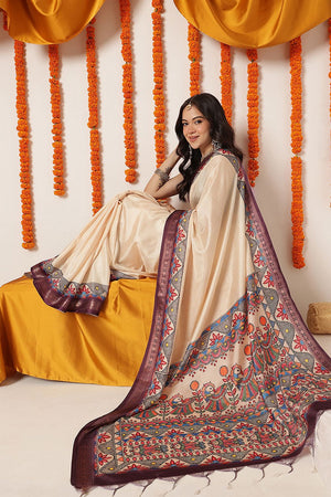 Beige Madhubani Printed Art Silk Saree (SZ-DGTANVI-3300)