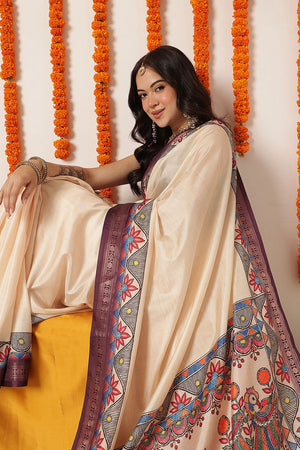 Beige Madhubani Printed Art Silk Saree (SZ-DGTANVI-3300)