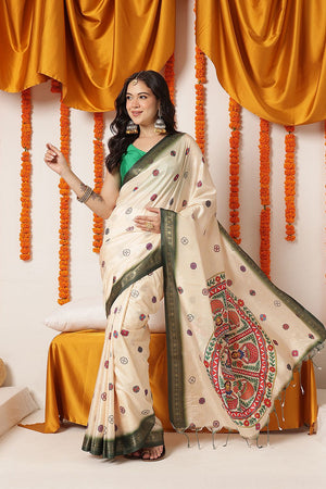 Beige Madhubani Printed Art Silk Saree (SZ-DGTANVI-3301)