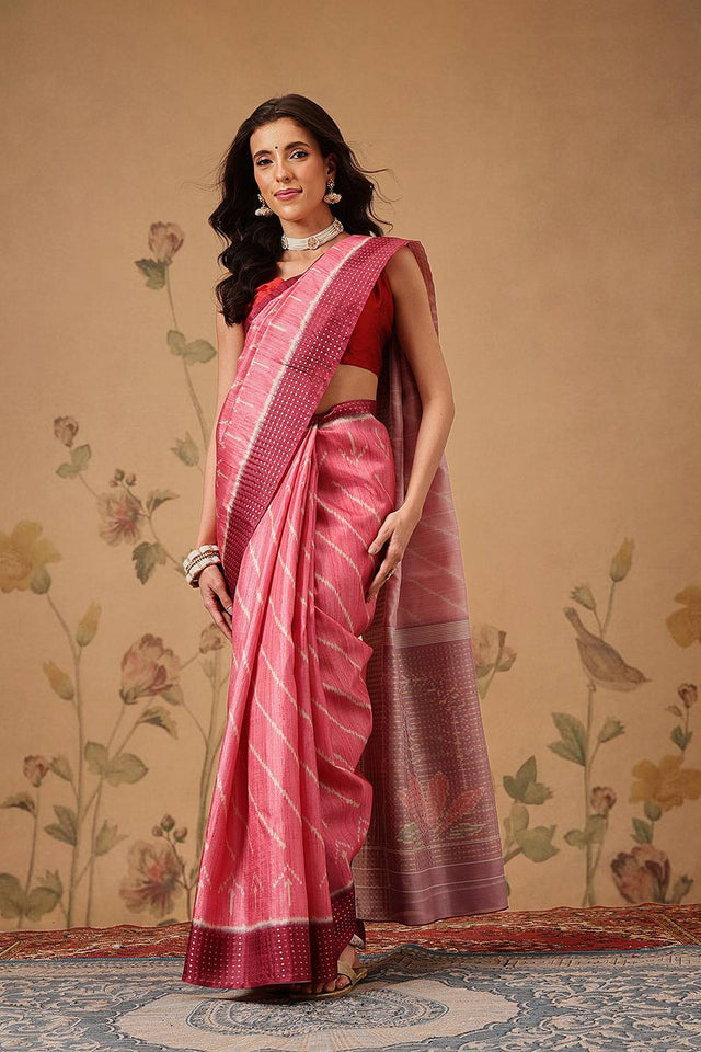 Pink Abstract Printed Silk Saree