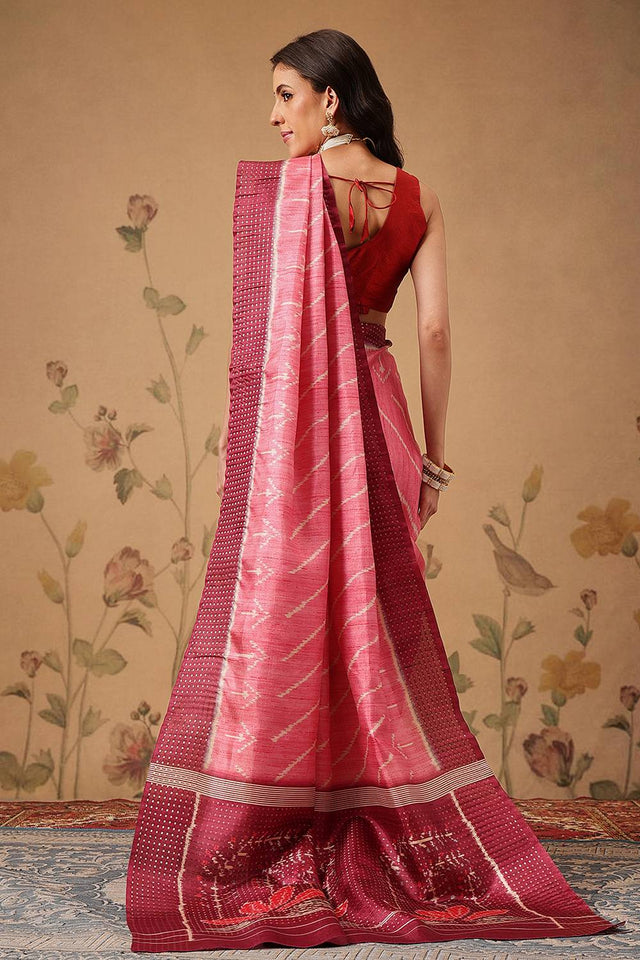 Pink Abstract Printed Silk Saree
