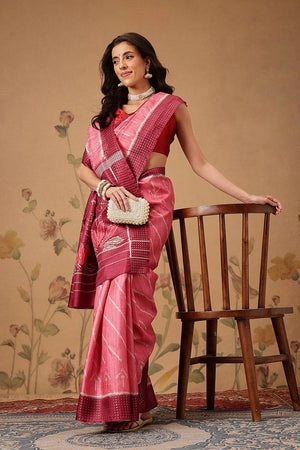 Pink Abstract Printed Silk Saree