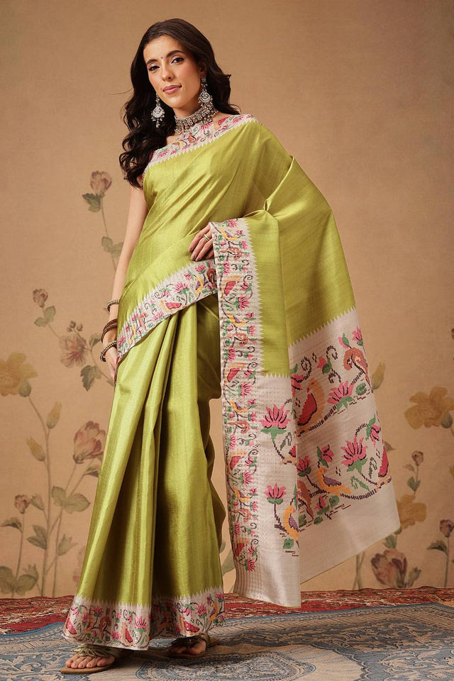 Olive Green Solid Silk Saree