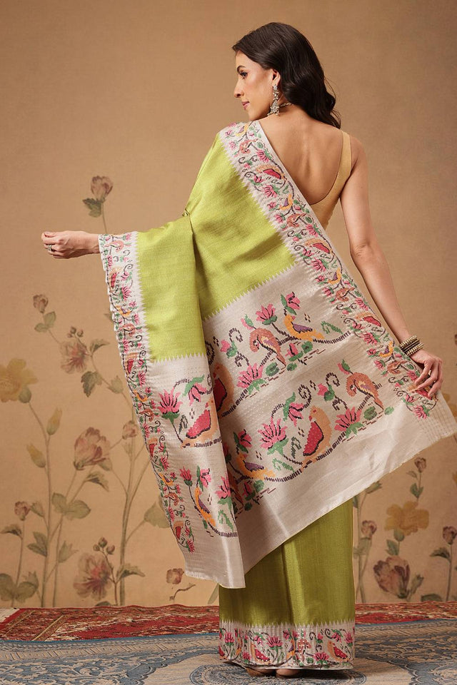Olive Green Solid Silk Saree