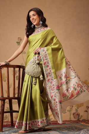 Olive Green Solid Silk Saree