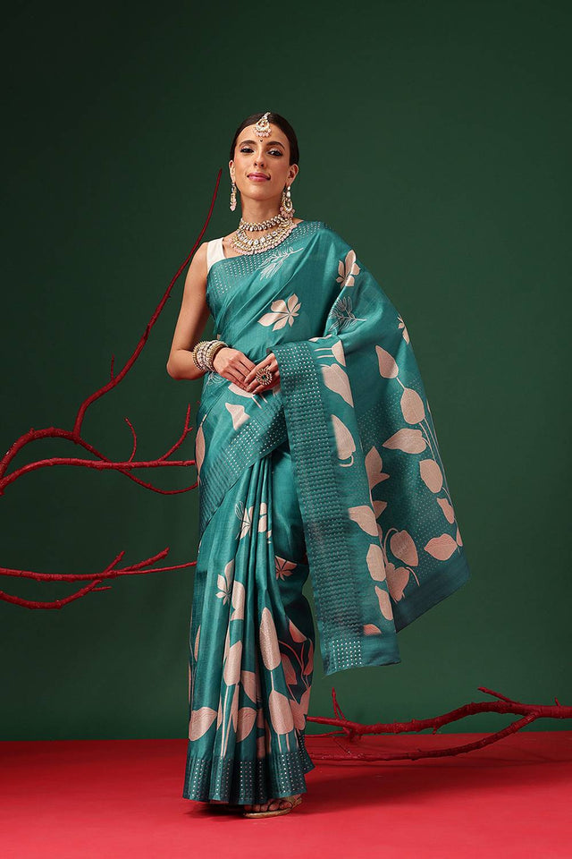 Turquoise Floral Printed Silk Saree