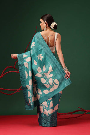 Turquoise Floral Printed Silk Saree