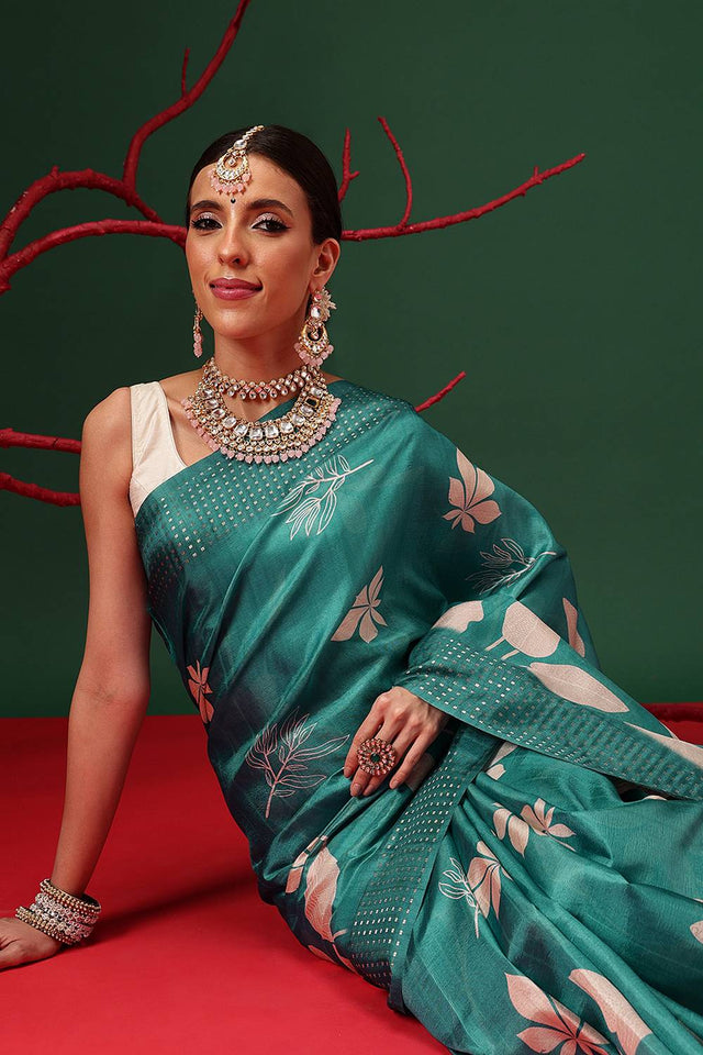 Turquoise Floral Printed Silk Saree