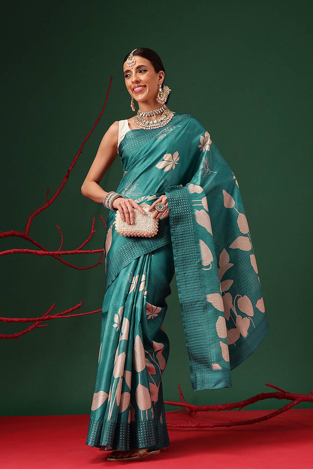 Turquoise Floral Printed Silk Saree