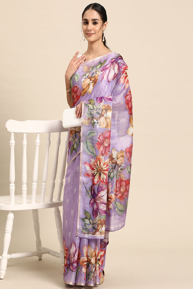 Women's Lavender Cotton Silk Digital  Saree