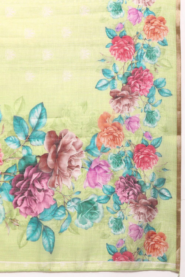 Women's Olive Cotton Silk Digital Saree