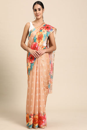 Women's Peach Cotton Silk Floral Digital Print Saree