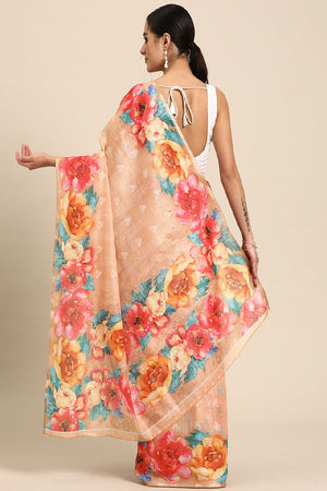 Women's Peach Cotton Silk Floral Digital Print Saree