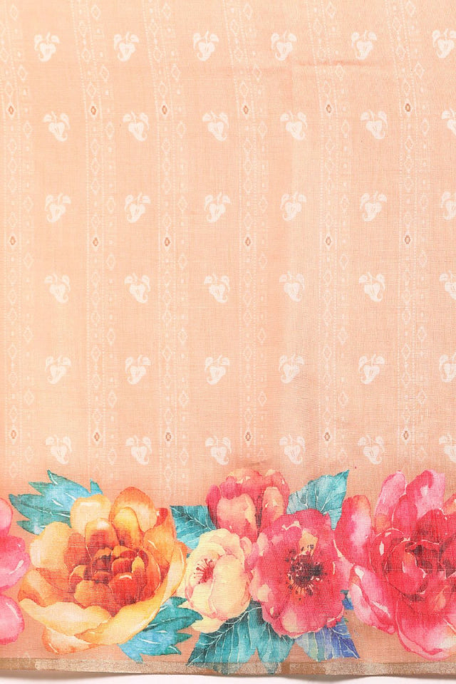 Women's Peach Cotton Silk Floral Digital Print Saree