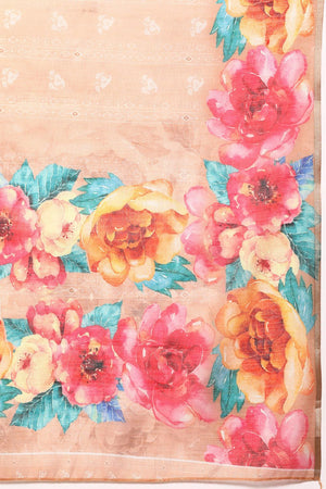 Women's Peach Cotton Silk Floral Digital Print Saree