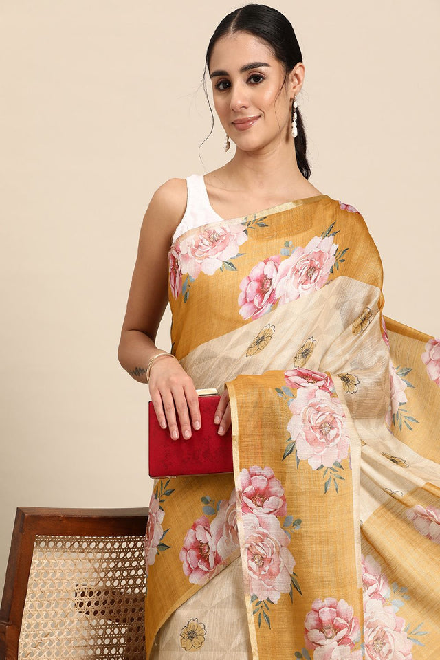 Women's Beige Cotton Silk Floral Saree