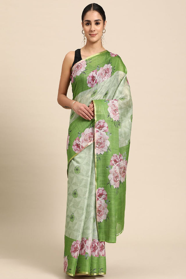 Women's Olive Cotton Silk Floral Saree (SZ-DGTRIJAL2-MH-2148)