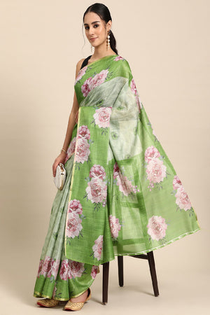 Women's Olive Cotton Silk Floral Saree (SZ-DGTRIJAL2-MH-2148)
