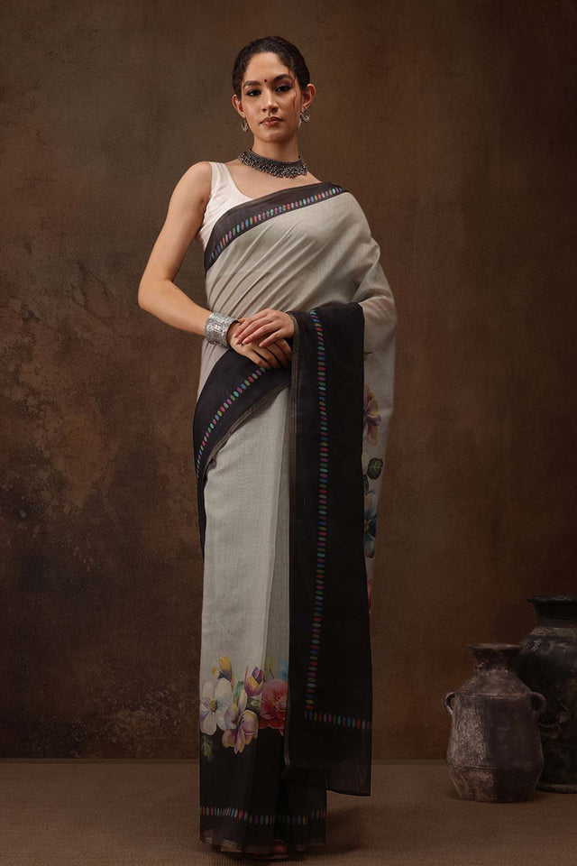 Grey Cotton Blend Floral Printed Saree
