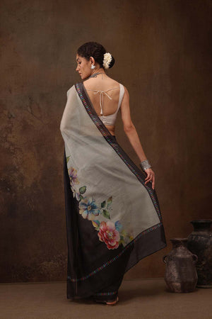Grey Cotton Blend Floral Printed Saree