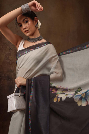 Grey Cotton Blend Floral Printed Saree
