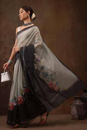 Grey Cotton Blend Floral Printed Saree
