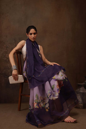Lavender Cotton Blend Floral Printed Saree