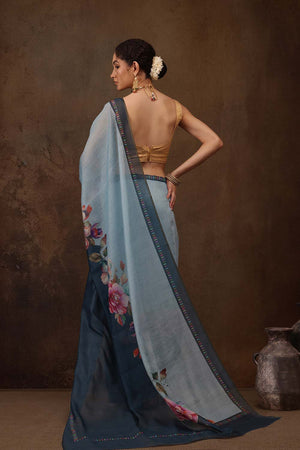 Teal Cotton Blend Floral Printed Saree