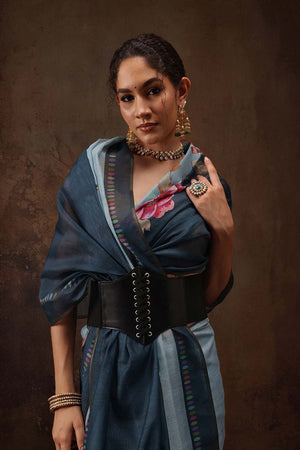 Teal Cotton Blend Floral Printed Saree