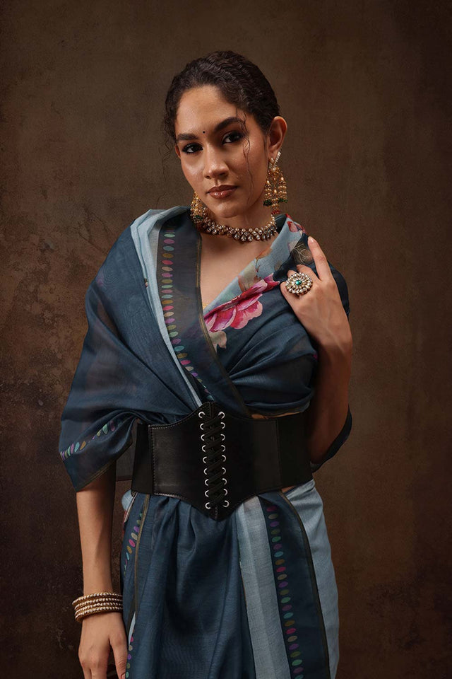 Teal Cotton Blend Floral Printed Saree