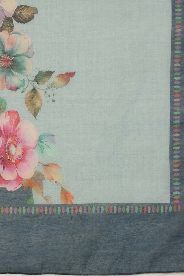 Teal Cotton Blend Floral Printed Saree
