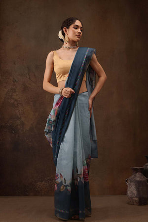 Teal Cotton Blend Floral Printed Saree