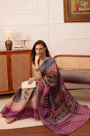 Beige Floral Printed Cotton Blend Saree