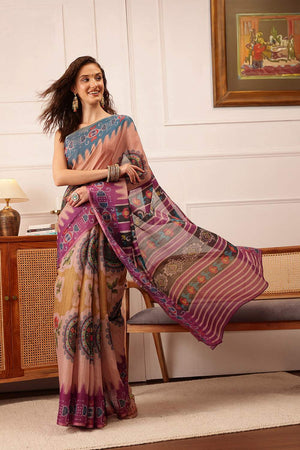 Beige Floral Printed Cotton Blend Saree