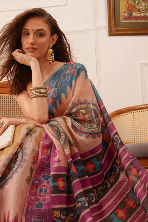 Beige Floral Printed Cotton Blend Saree