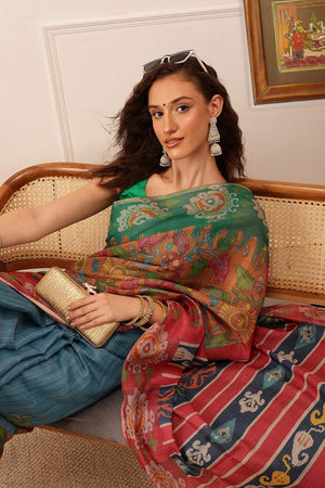 Blue Floral Printed Cotton Blend Saree