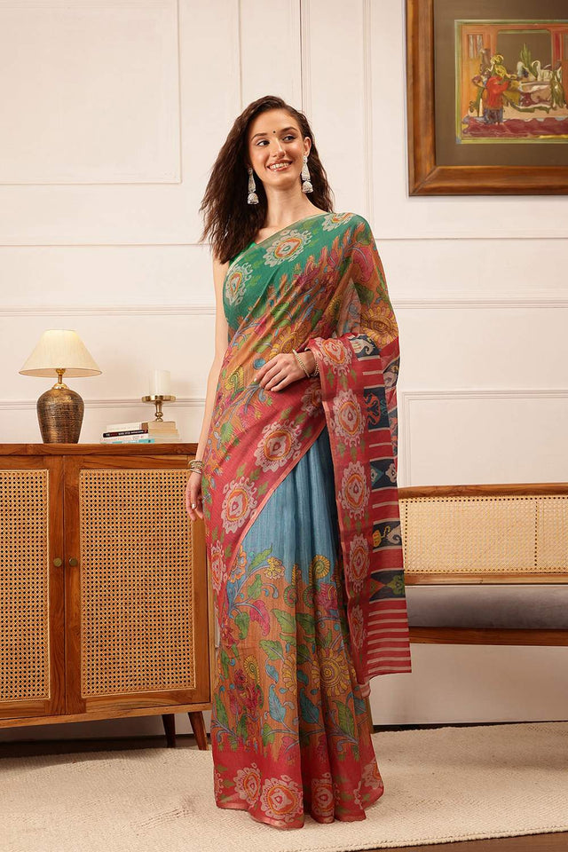 Blue Floral Printed Cotton Blend Saree