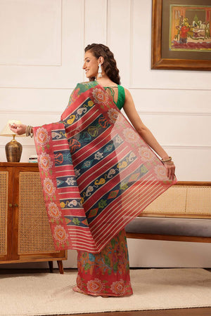 Blue Floral Printed Cotton Blend Saree