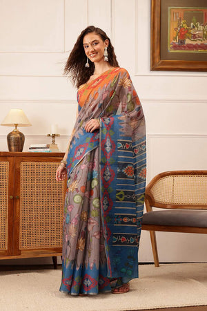 Grey Floral Printed Cotton Blend Saree