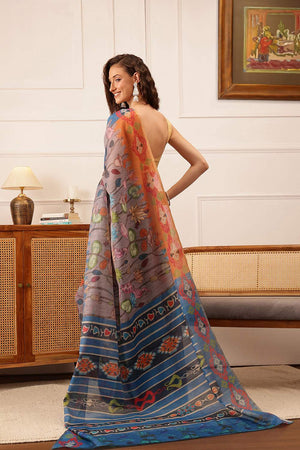 Grey Floral Printed Cotton Blend Saree