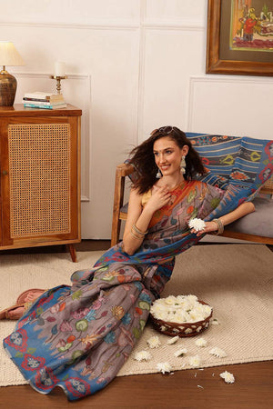 Grey Floral Printed Cotton Blend Saree