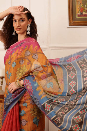 Mustard Floral Printed Cotton Blend Saree