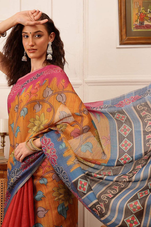 Mustard Floral Printed Cotton Blend Saree