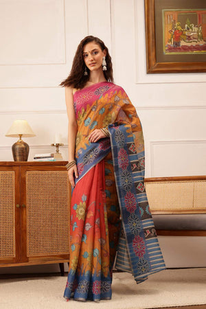 Mustard Floral Printed Cotton Blend Saree