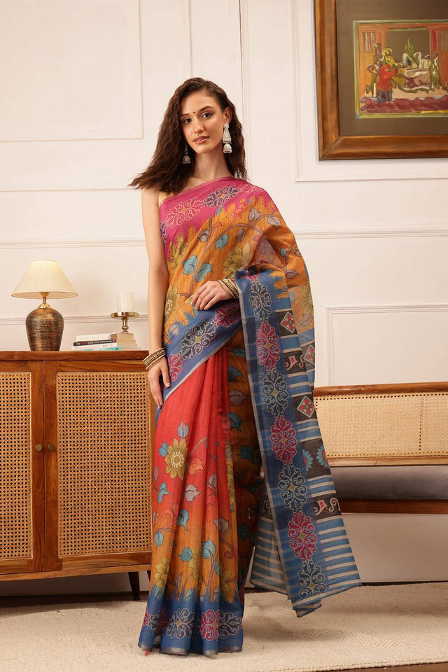 Mustard Floral Printed Cotton Blend Saree