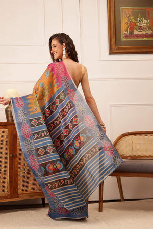 Mustard Floral Printed Cotton Blend Saree