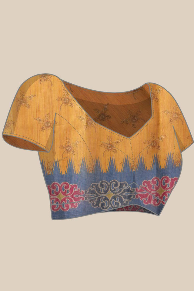 Mustard Floral Printed Cotton Blend Saree