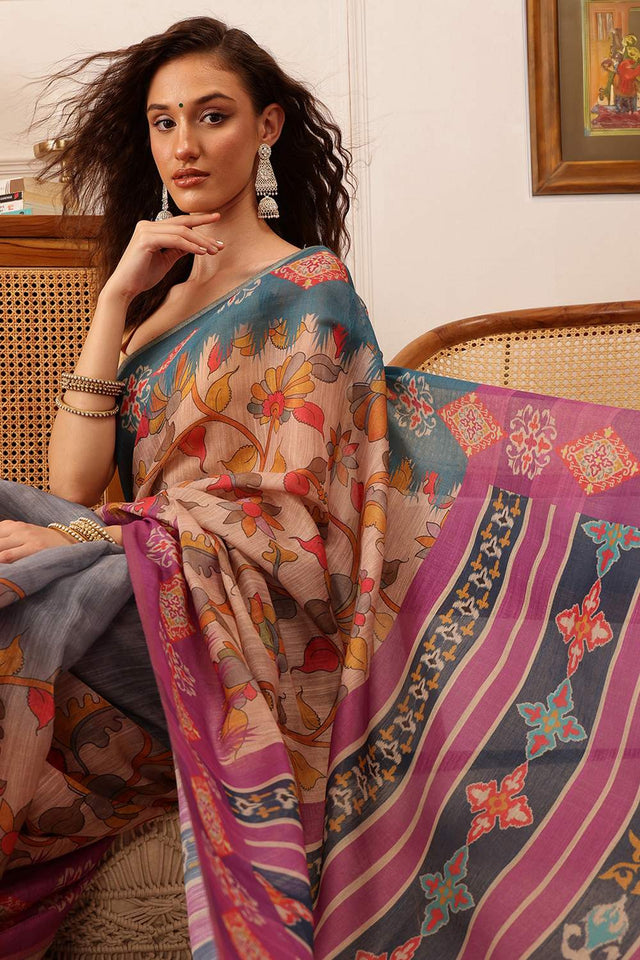 Violet Floral Printed Cotton Blend Saree